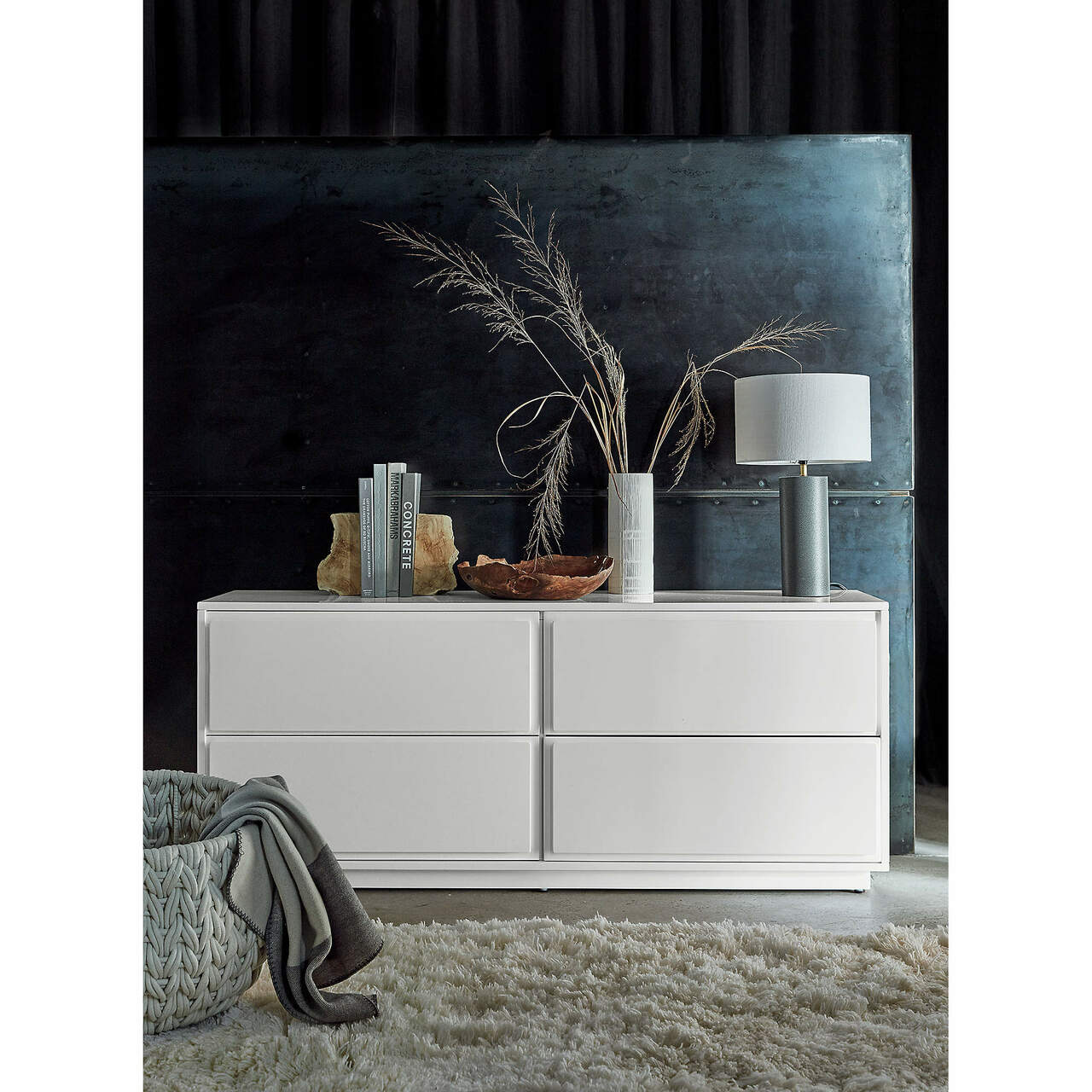 cb2 white dresser Ivory Shagreen Embossed Low by Designed by Amanda Ip of Slate DesignHandcraftedEngineered wood frame wrapped in faux PVC shagreen Shagreen 58" Warm White 4-Drawer